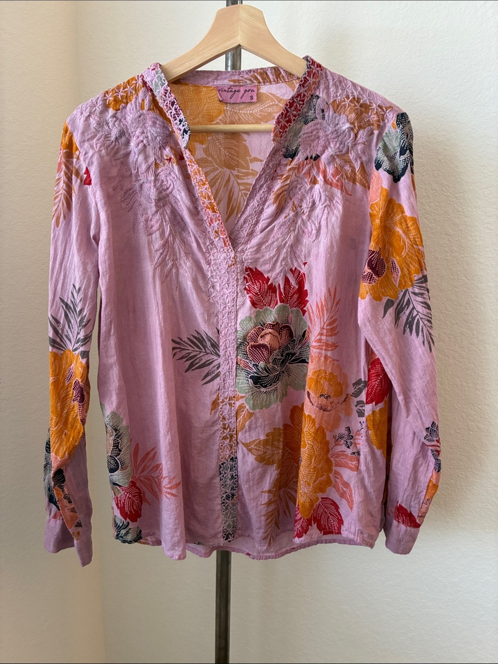 Vintage Goa sz S Purple Floral Embroidered Long Sleeve Top Boho Johnny Was